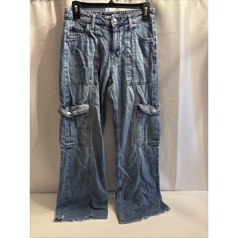Aeropostale Utility Cargo Blue Jean Wide Leg Mid Rise Denim Women Sz 2 Raw Hem